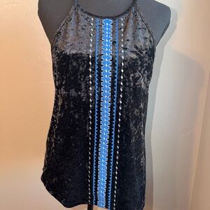 Black Velvet Halter Top with Blue Accents